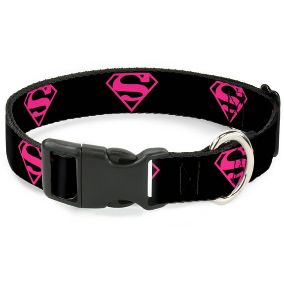 DC Comics Pet Collar, Dog Collar Plastic Buckle, Superman Shield Black Hot Pink, 8.5 to 12 Inches 0.5 Inch Wide