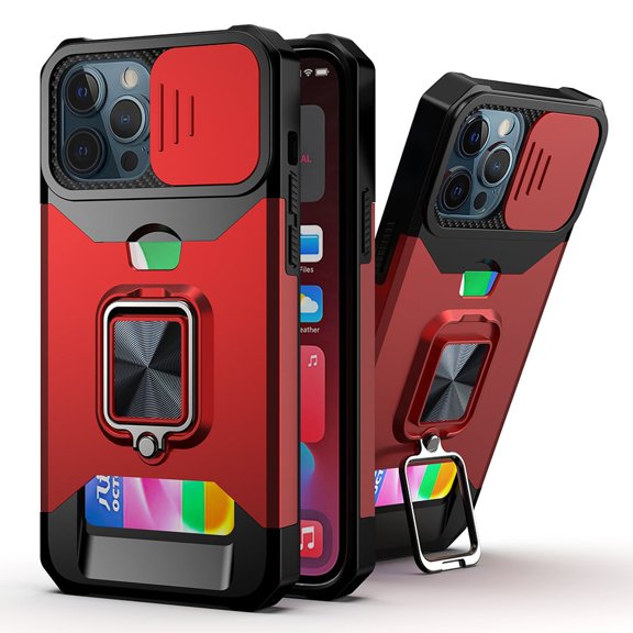 For iPhone 15 Multi-Functional Card Magnetic Ring Stand Hybrid Camera Case Cover - Red
