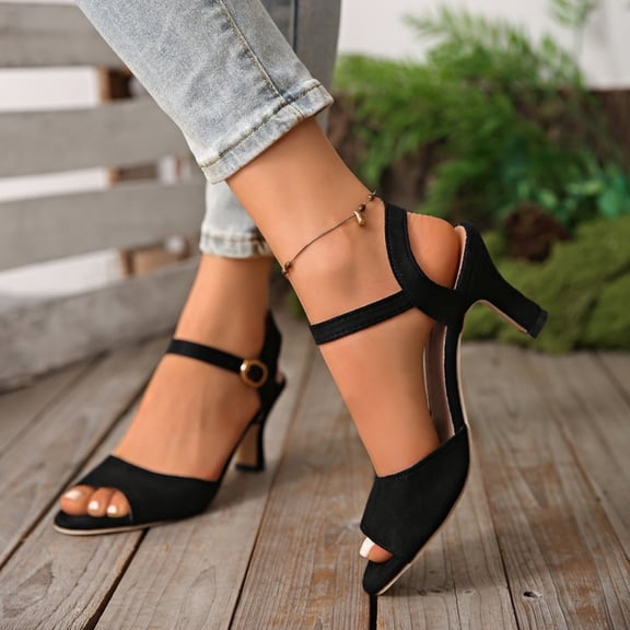 Domuza sandals for women, Peep Toe Ankle Strap High Heel Sandals, Adjustable Buckle Block Heel Dress Shoes for Party Wedding Daily Wear Black 7.5(EU-39)