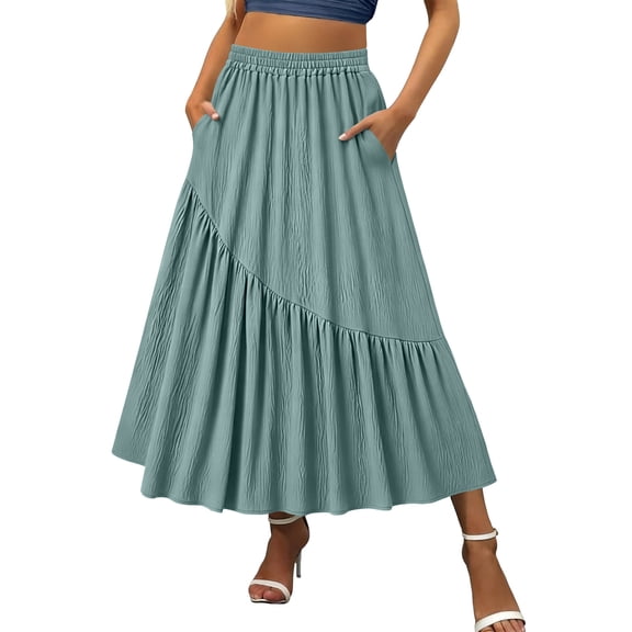 GUACER Women's Cotton Linen Maxi Skirt with Pockets High Waisted Asymmetric Tiered Skirts Boho A-Line Summer Beach Long Skirts