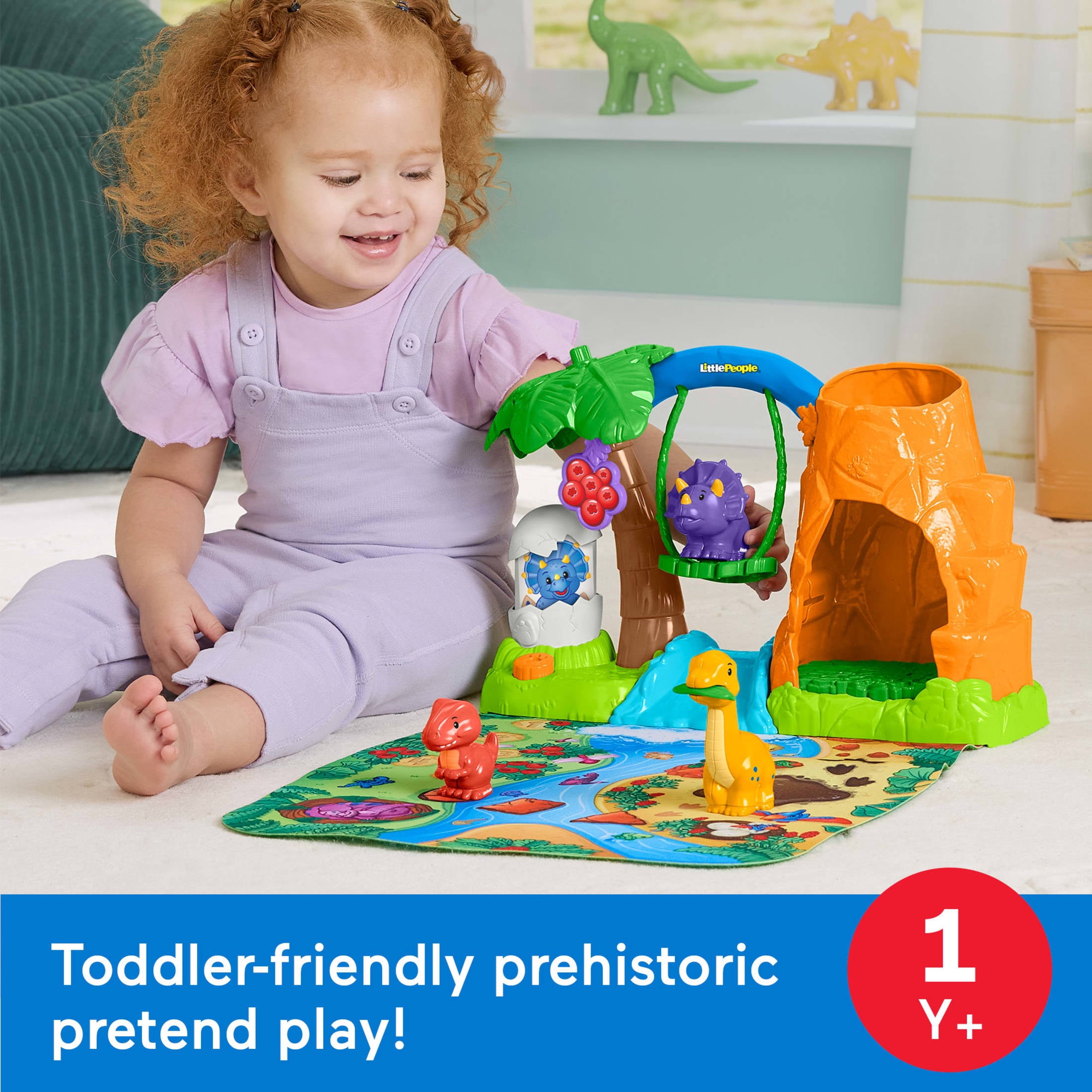 Fisher-Price Little People Dinosaur Village & Play Mat Toddler Playset, 3 Toy Figures