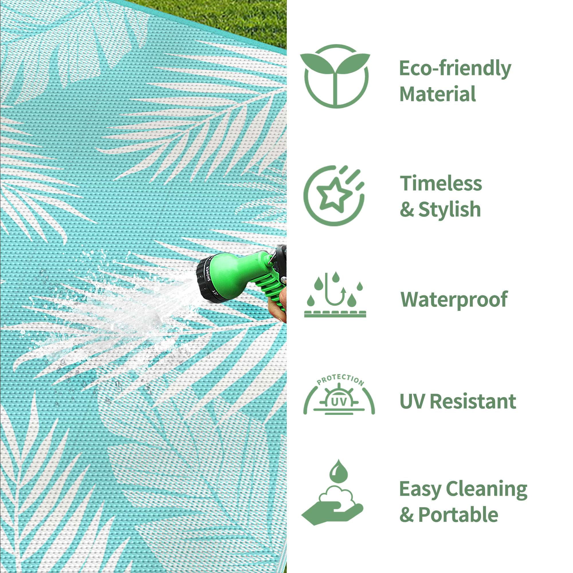 DEORAB Outdoor Rug 8'x10' Waterproof Reversible Patio Rug Portable Plastic Straw Outside Carprt for Beach Garden RV Camping Porch Deck Backyard, Aquablue & White