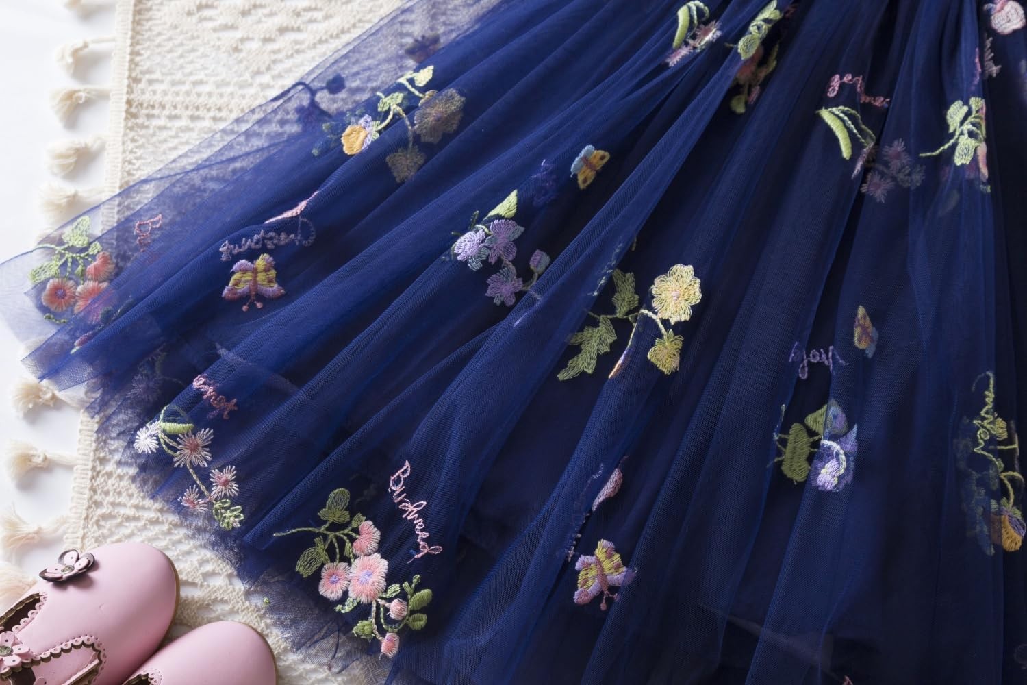 Pandaie Baby Girl Tulle Dress Flower Butterfly Wing Embroidery Sleeveless Romper Mesh Tutu Skirt Toddler Princess Birthday Party Dresses 3-4 Years Dark Blue