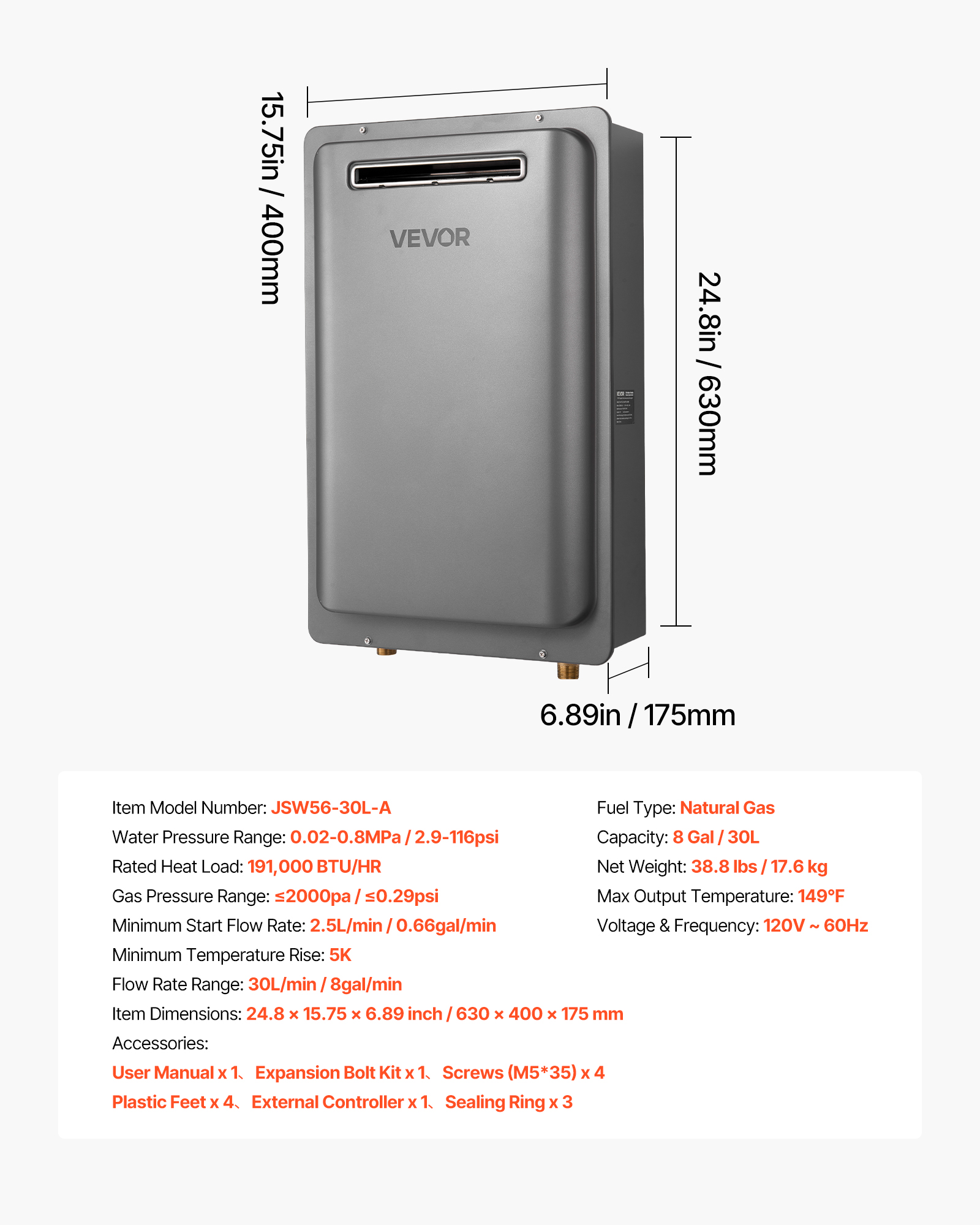 VEVOR Gas Tankless Water Heater, 8Gal Outdoor 191000 BTU Instant Hot Water Heater, Smart Temperature Control & 3/4 inch NPT Interface& Multiple Security Protections for Whole House, Silver Gray