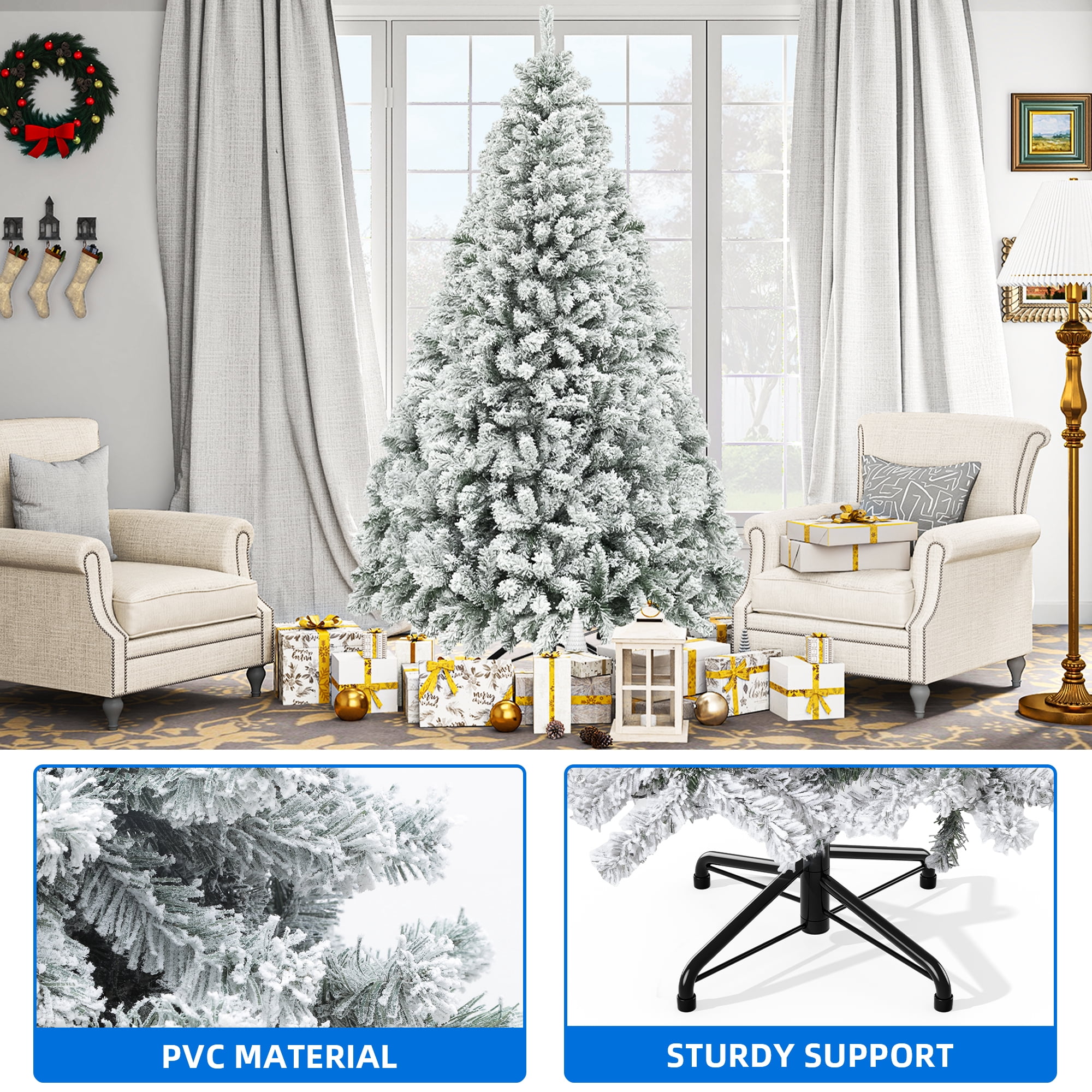 Uforic 6ft Snow Flocked Artificial Christmas Pine Tree with 880 Branch Tips and Foldable Metal Base for Home, Store, and Office Decoration, White