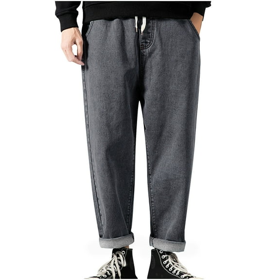 PuLe Men's Pants Mens Elastic Waist Drawstring Jeans Basic Jeans Casual Regular Fit Straight Leg Classic Wide Leg Baggy Jean Cargo Pants Trousers