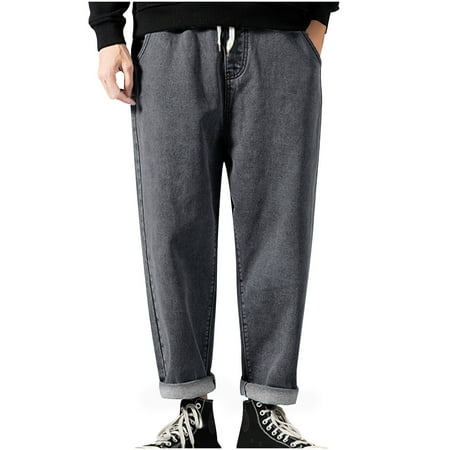 FNFYFH Men s Baggy Jeans Big and Tall Drawstring Tapered Leg Denim Pants Elastic Waist Casual Harem Pants with Pockets