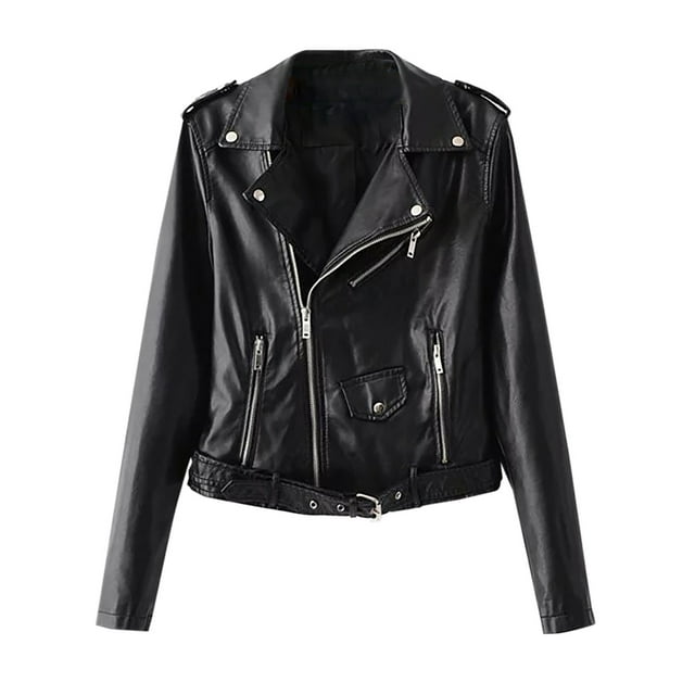 WRKEKC Veste Courte Ajustée en Faux Cuir pour Femmes Style Motard Manches Longues Fermeture Éclair Moderne Chic Noir G
