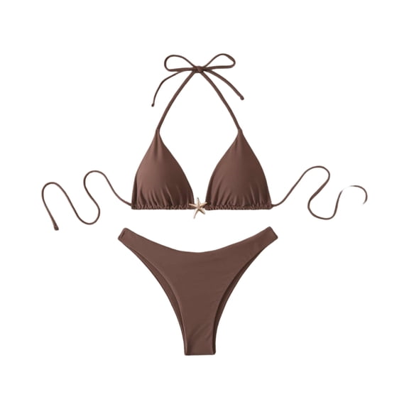 Women's Halter Bikini Sets Beads Tie Side Solid Triangle Thong Swimsuit Two Piece Cheeky Bathing Suits (Brown,M)