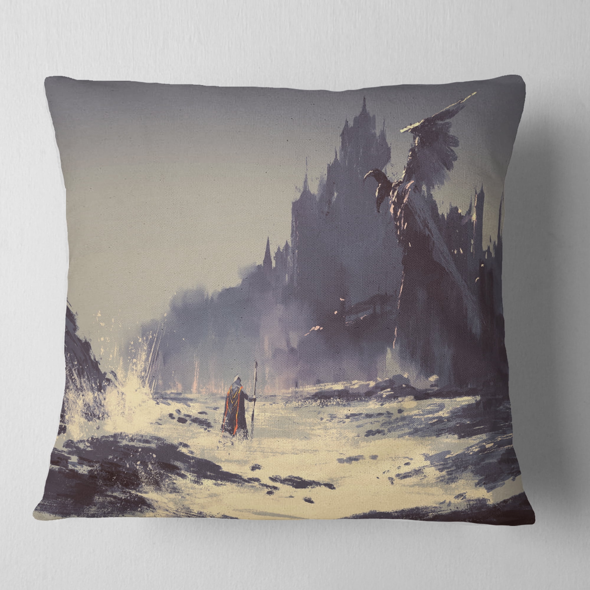 Designart Dark Fantasy Castle - Landscape Painting Throw Pillow - 16x16