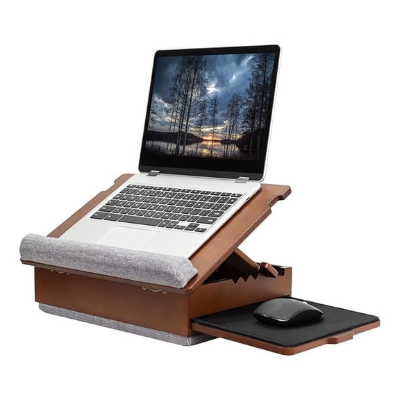 Wooden Lap Desk with Mouse Pad & Tilt - Portable Laptop Table for Writing, Drawing, Reading - Height Adjustable, Internal Storage, Wrist Support - Dark Wood