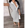 thumbnail image 4 of Women's Lapel Collar Striped Short Sleeve Slim Bodycon Midi Dress Black Stripe L, 4 of 9