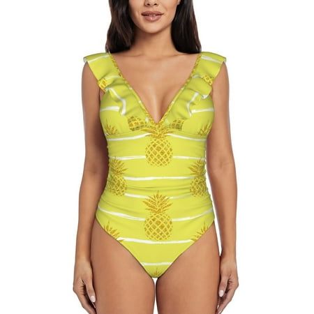 Qekee Gold Pineapple Women s Ruffle One Piece Swimsuit  Frilly shoulder strap monokini for Beach Pool Surf - X-Large