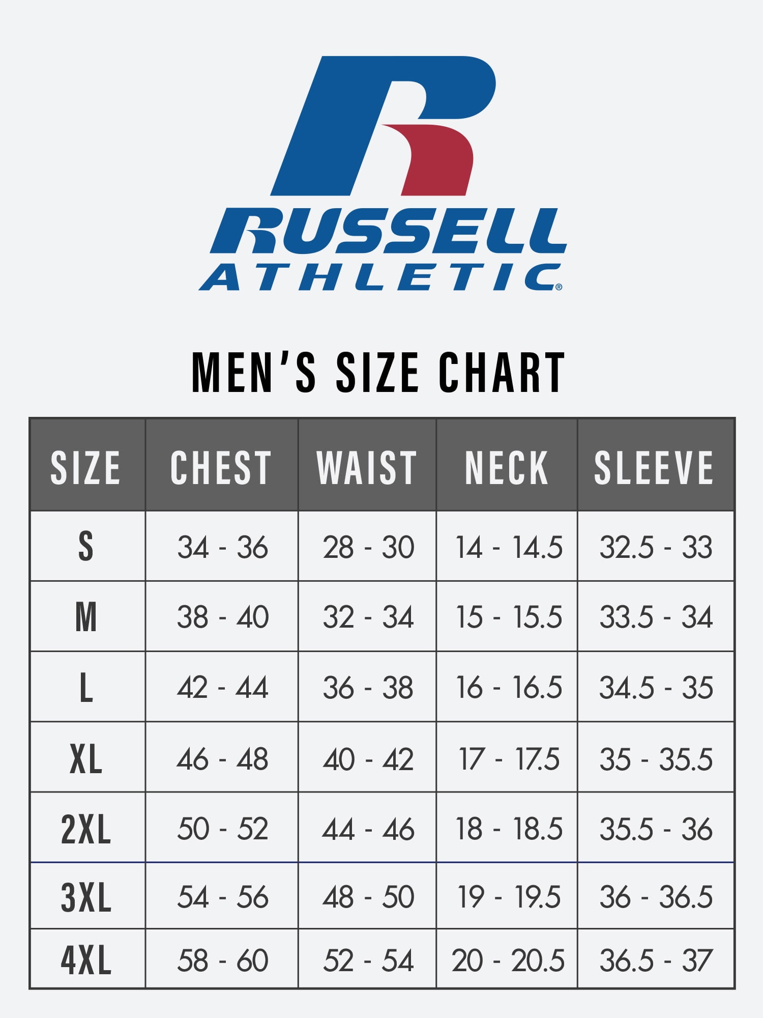 russell jersey size chart