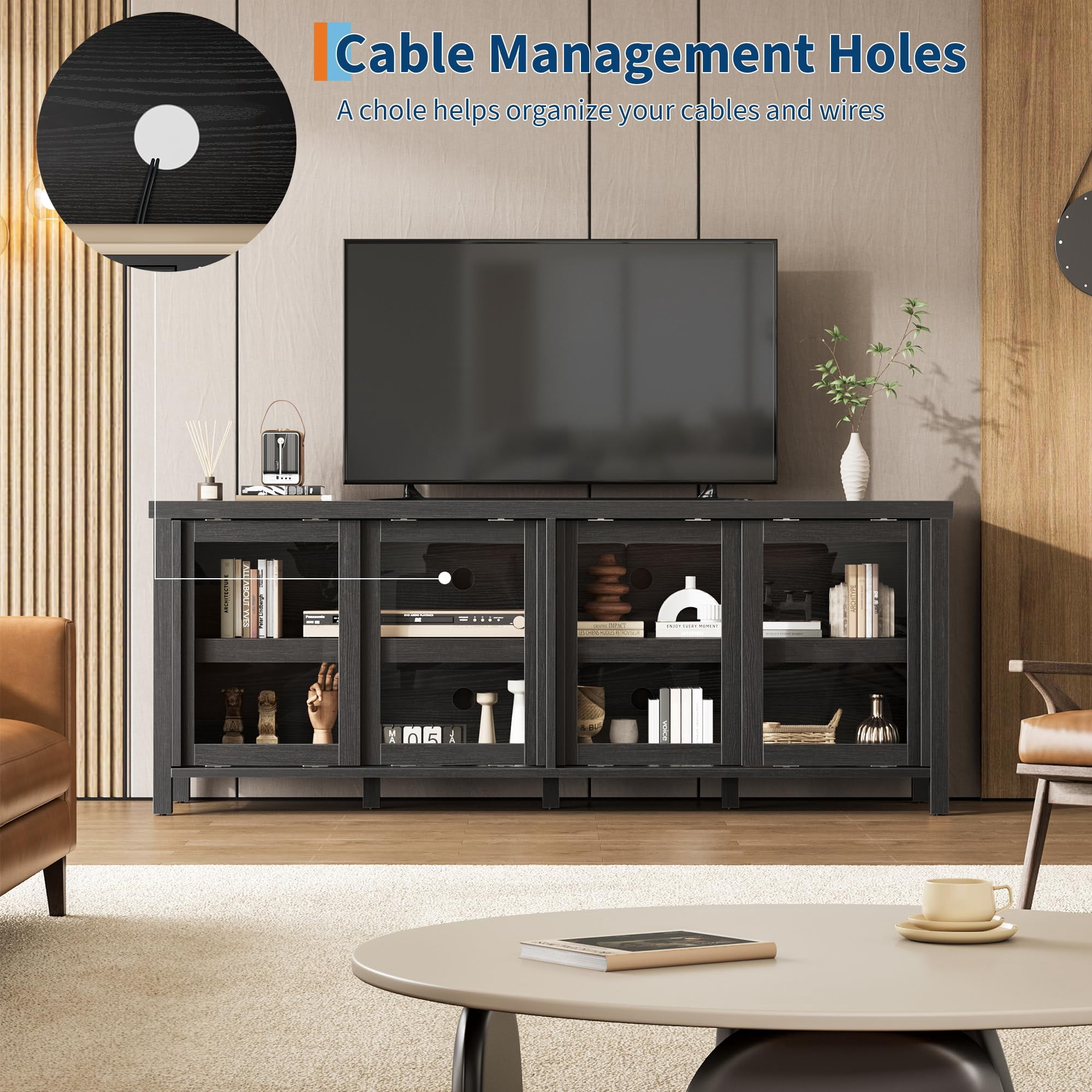 62" Farmhouse TV Stand for TVs up to 75 Inch - Entertainment Center with Glass Sliding Doors & Adjustable Shelves - Large Storage Media Console for Living Room & Bedroom - Black / Gray / Retro