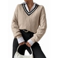 thumbnail image 2 of Womens V Neck Oversized Sweaters Long Sleeve Cable Knit Pullover Striped Chunky Sweater Casual Tennis Tunic Tops Khaki L, 2 of 8