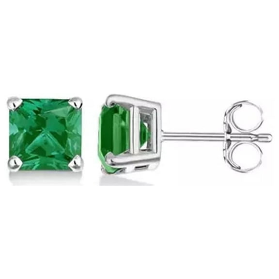 Paris Jewelry 1 Ct Princess Cut Lab Grown Emerald Stud Earrings, 14k White Gold Plated