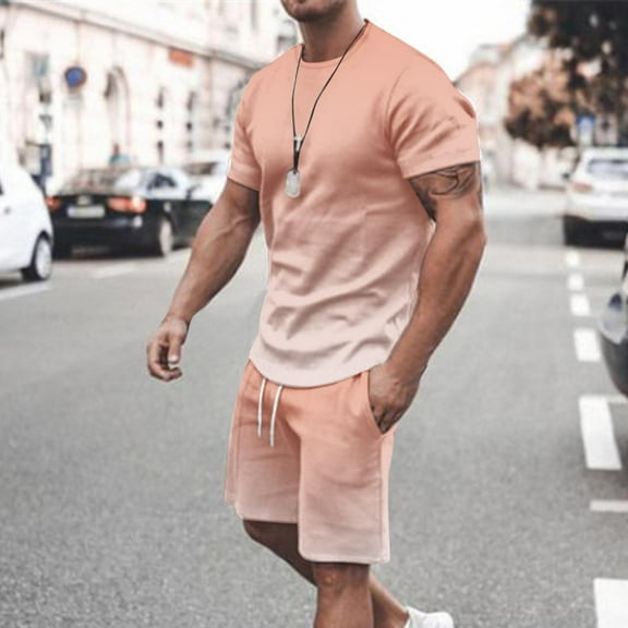 Casual Sport Set for Mens Two Piece Gradient Color Suit Solid O-Neck Short Sleeve Fit Tee Shirts Short Sweatpants Set 2024