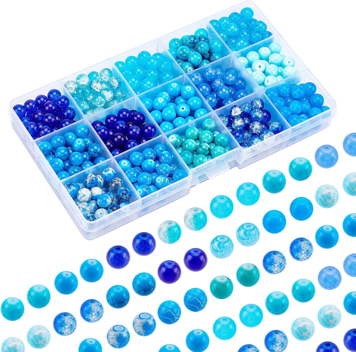 450pcs 8mm Blue Glass Beads 15 Styles Sea Blue Crackle Glass Bead Round