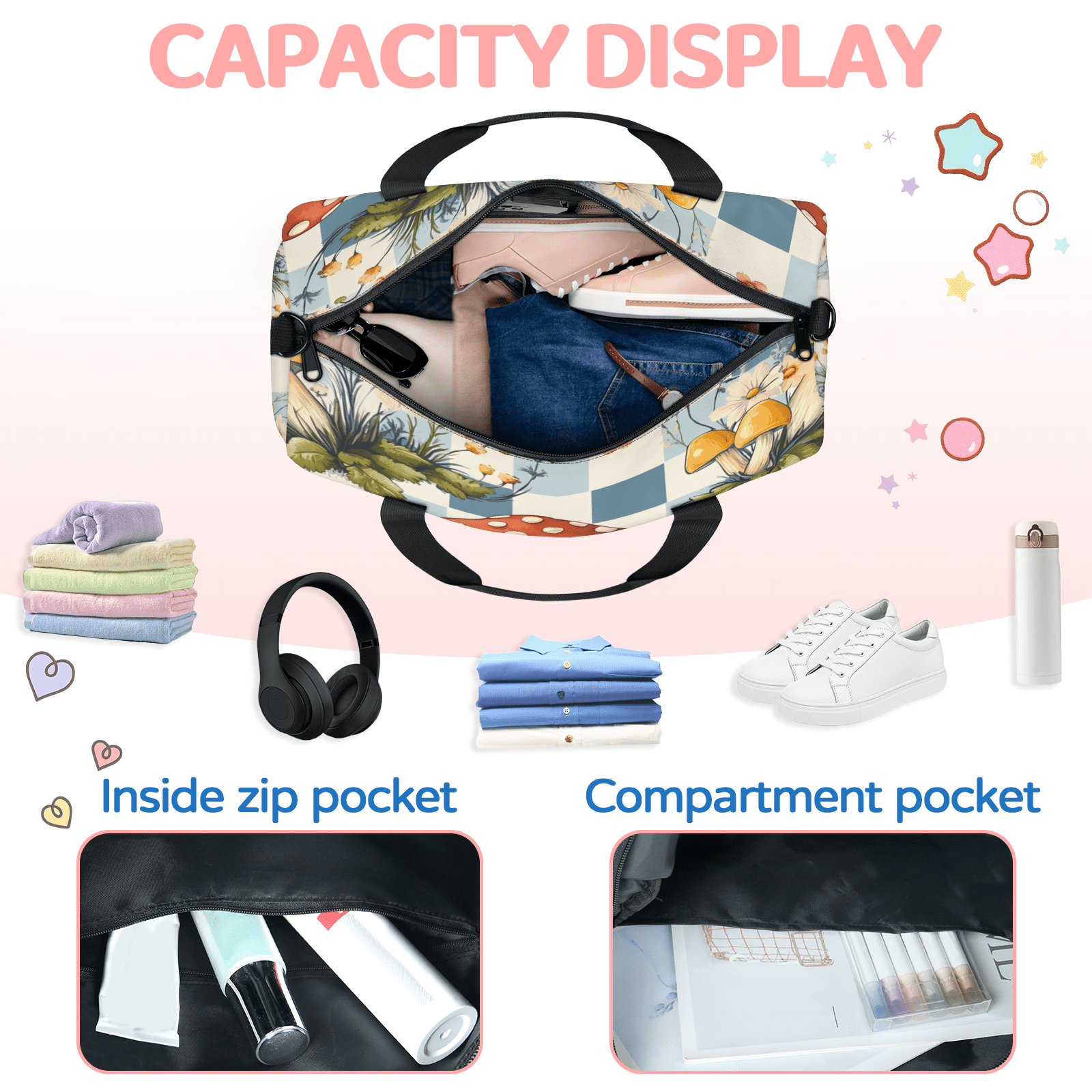 Herdesigns Mushroom Travel Duffle Bag Sports Yoga Weekender Overnight Carry on Workout Bags Lightweight Waterproof Gym Tote Bag for Women Boho