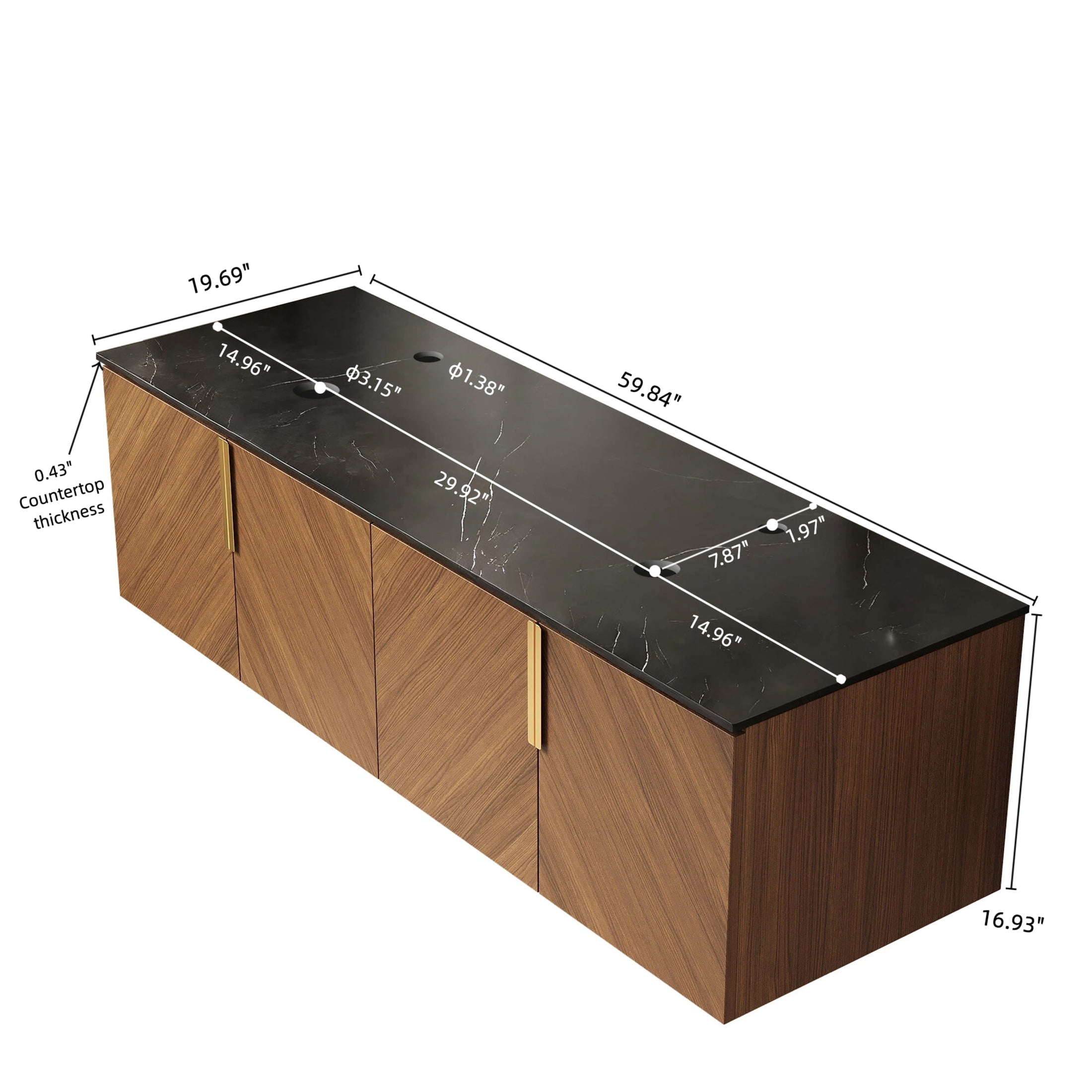 Noble House Arai 60" Bathroom Vanity with Sintered Stone Countertop, Wooden Storage Cabinet, Gold Handles, Brown Oak