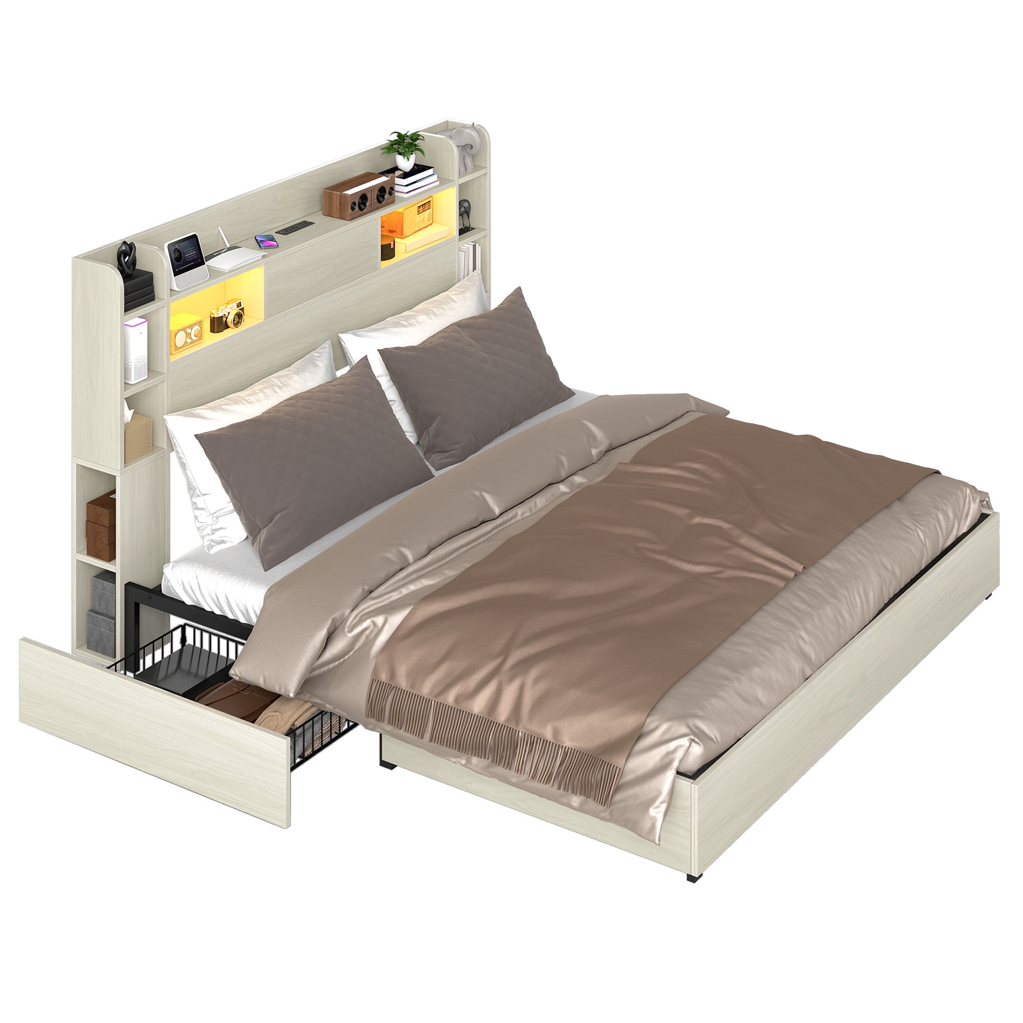 Uforic King Size Bed Frame with LED Lights & Bookshelf Headboard, Platform Bed Frame with Charging Station & Drawers, White