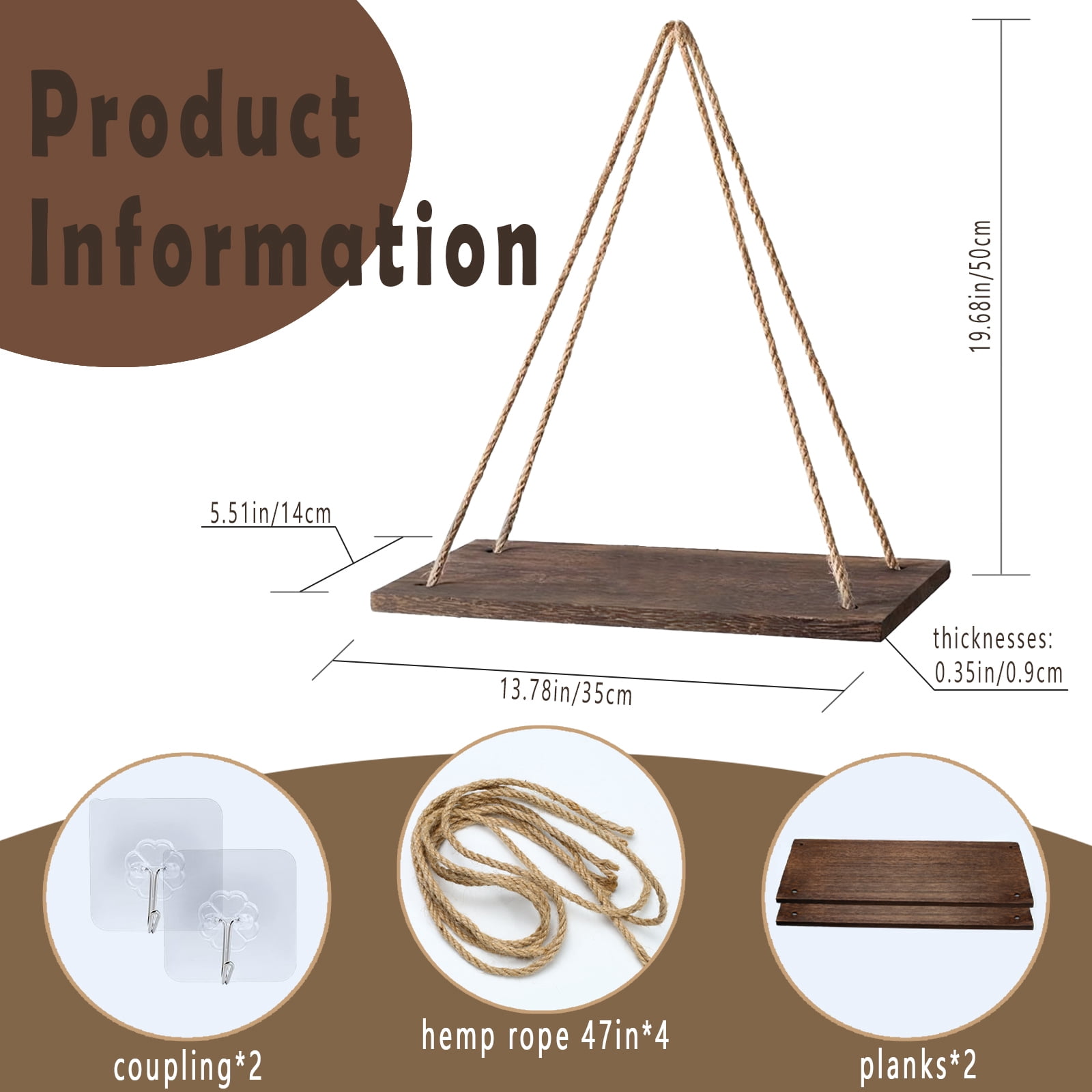 Set of 2 Wood Hanging Shelves for Wall, Wall Hanging Shelf, Window Plant shelves, Wood Floating Shelves Window Hanging Plant Triangle Rope Shelf Rustic for Living Room Bedroom Bathroom Kitchen