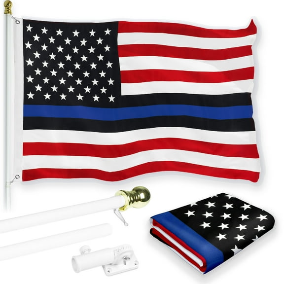 G128 Combo Pack: 6 Feet Tangle Free Spinning Flagpole (White) Blue lives matter Flag 3x5 ft Printed 150D Brass Grommets (Flag Included) Aluminum Flag Pole