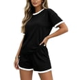 thumbnail image 2 of Womens Ribbed Knit Two-Piece Set Casual Short Sleeve T Shirt And Shorts Matching Outfit With Contrast, 2 of 8