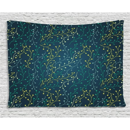 Flowering Hearth - Leaves Tapestry, Heart Shaped Little Buds Flowering Branches Curly Spring Nature Inspired, Wall Hanging for Bedroom Living Room Dorm Decor, 60W X 40L Inches, Dark Blue Green Yellow, by Ambesonne