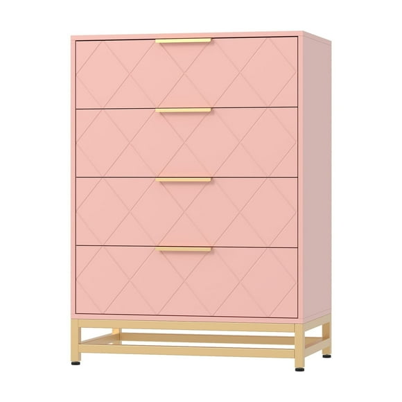 YUSAZENS Storage Cabinet, 4 Drawer Triangle Pattern Chest - MDF + PB + Iron, Pink, Modern Storage for Bedroom, Living Room, or Office