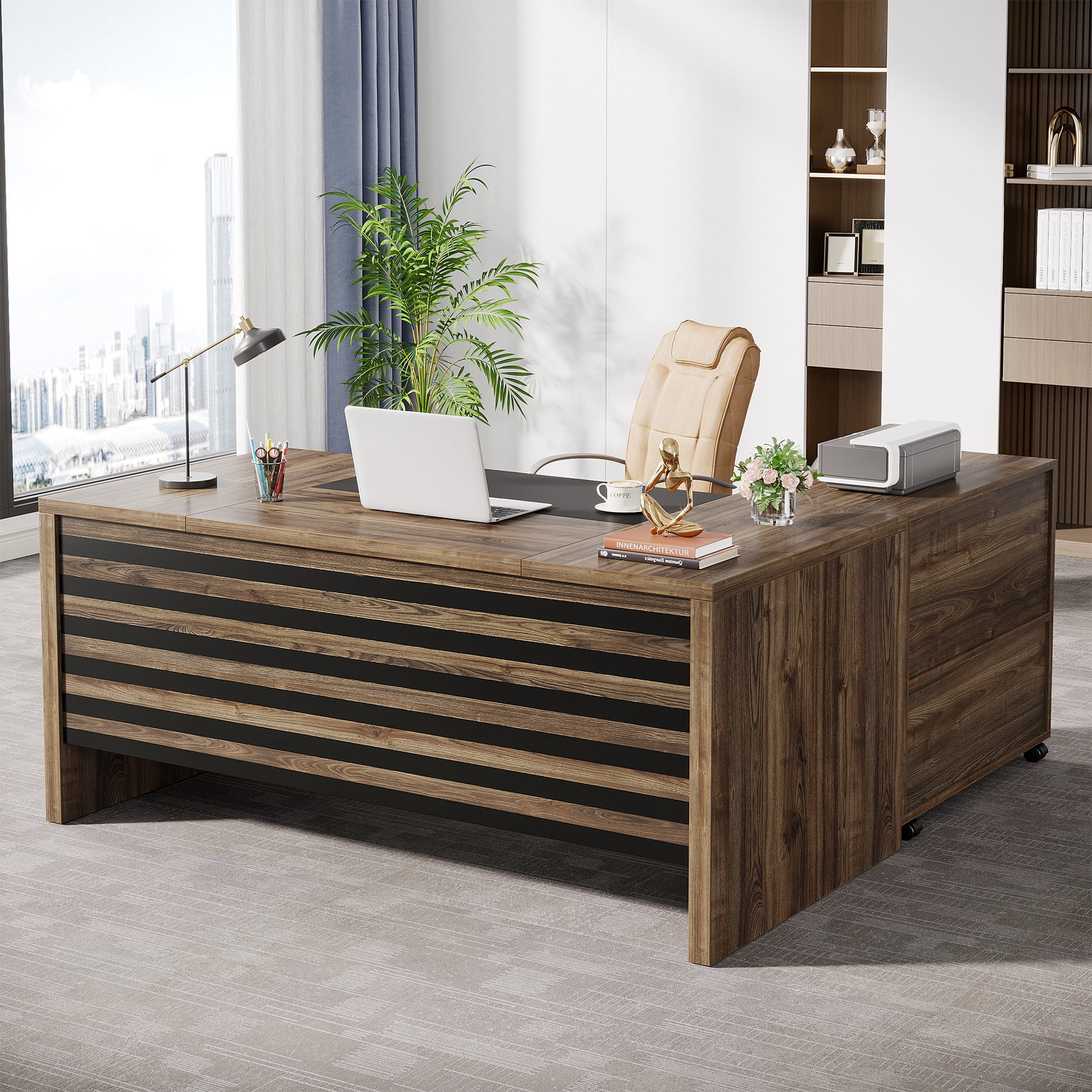 Tribesigns 62.2" Executive Desk with Storage Shelves, L-Shaped Office Desk with Mobile File Cabinet, Large Office Desk for Home Office, Light Brown