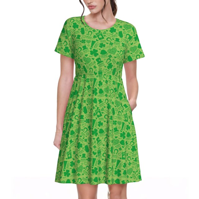 Easygdp St Patrick's Day para Vestido Transpirable de Mujer, Vestido Suelto de Manga Corta con Pliegues y Bolsillos para el Verano