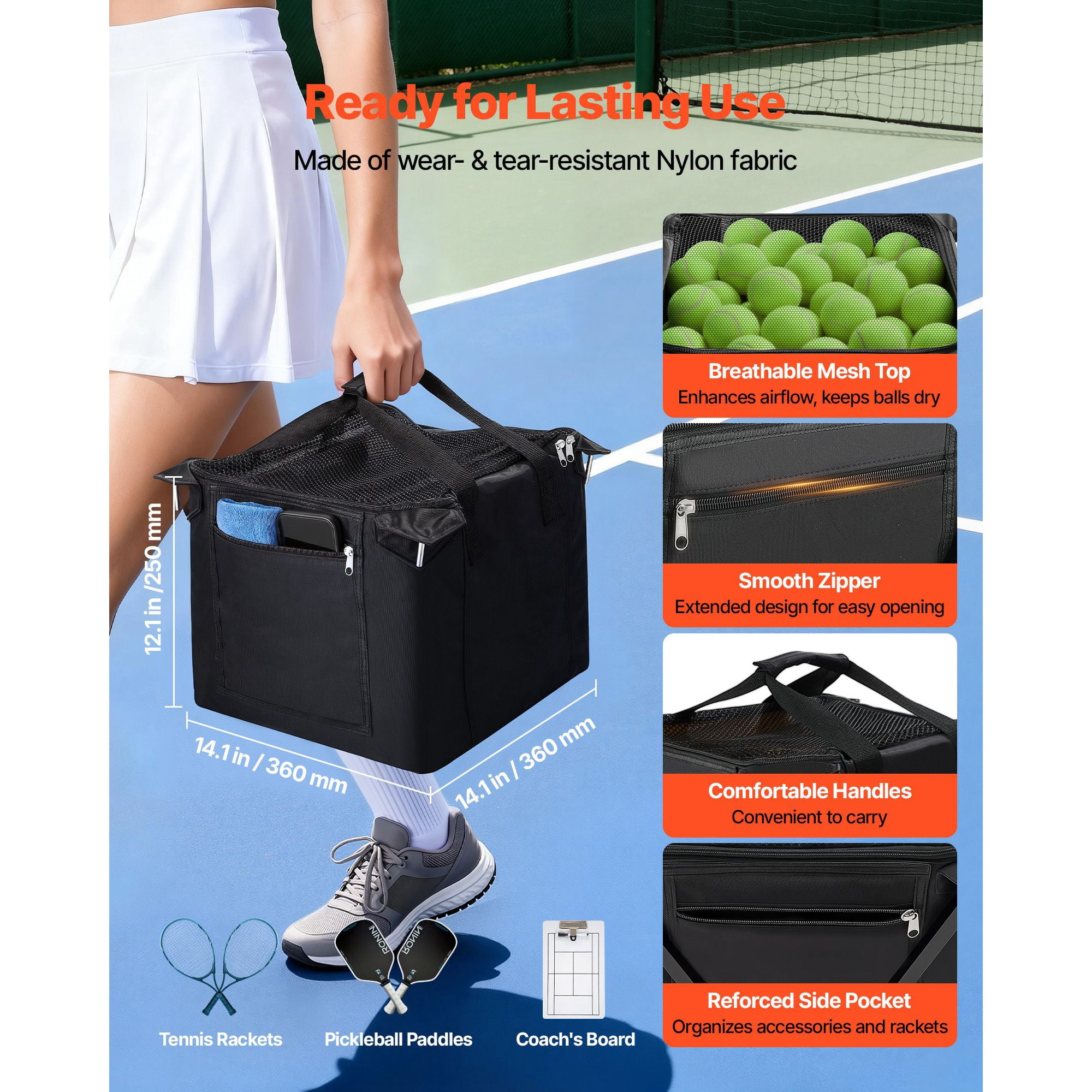 Tennis Pickleball ball funnel for 120 balls, foldable cart with wheels, lightweight aluminum, storage bag for training