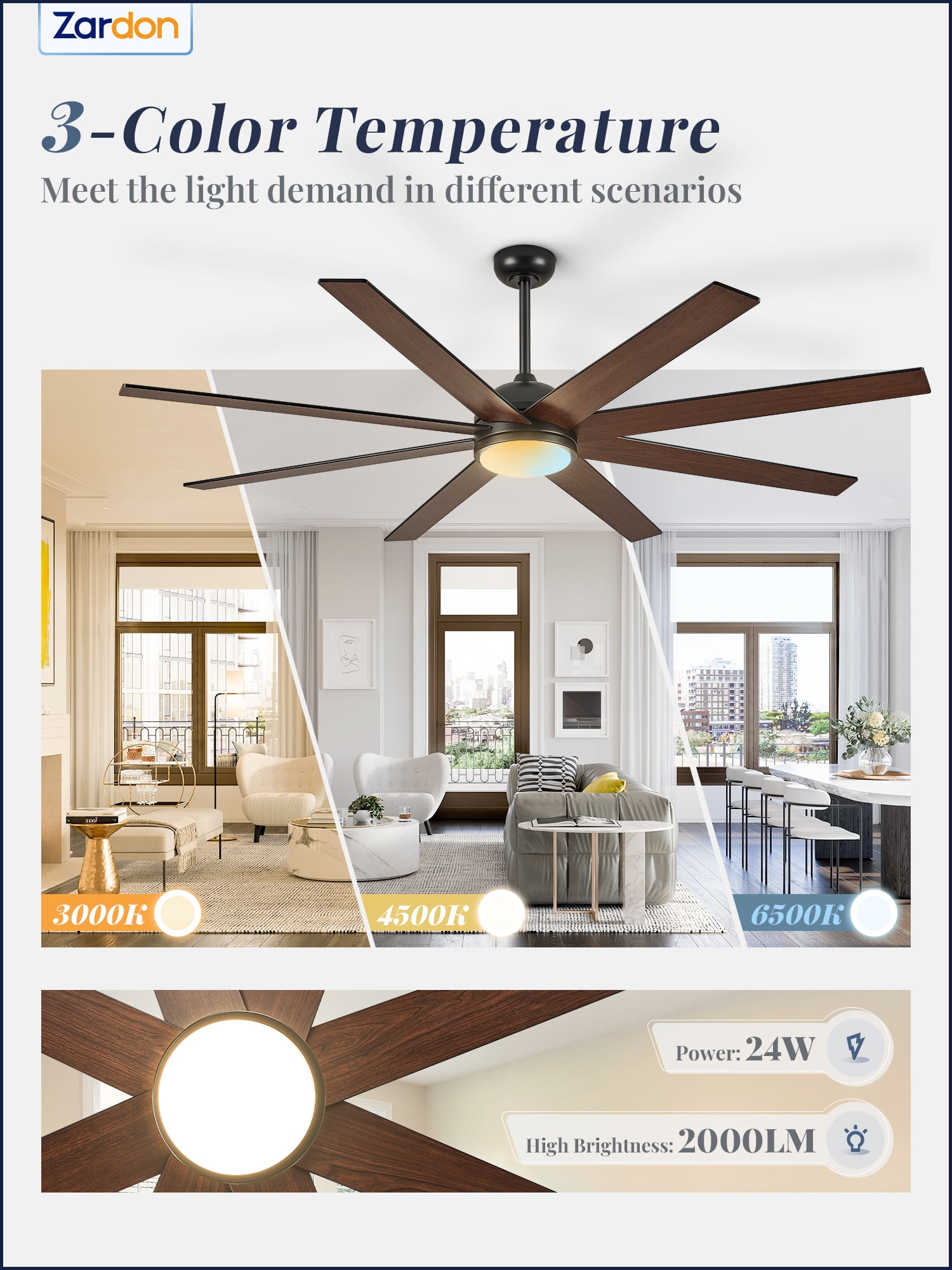 Zardon 65in Ceiling Fans with Light and Remote Control, Flush Mount Ceiling Fans with 6-Speed for Indoor, Outdoor, Black