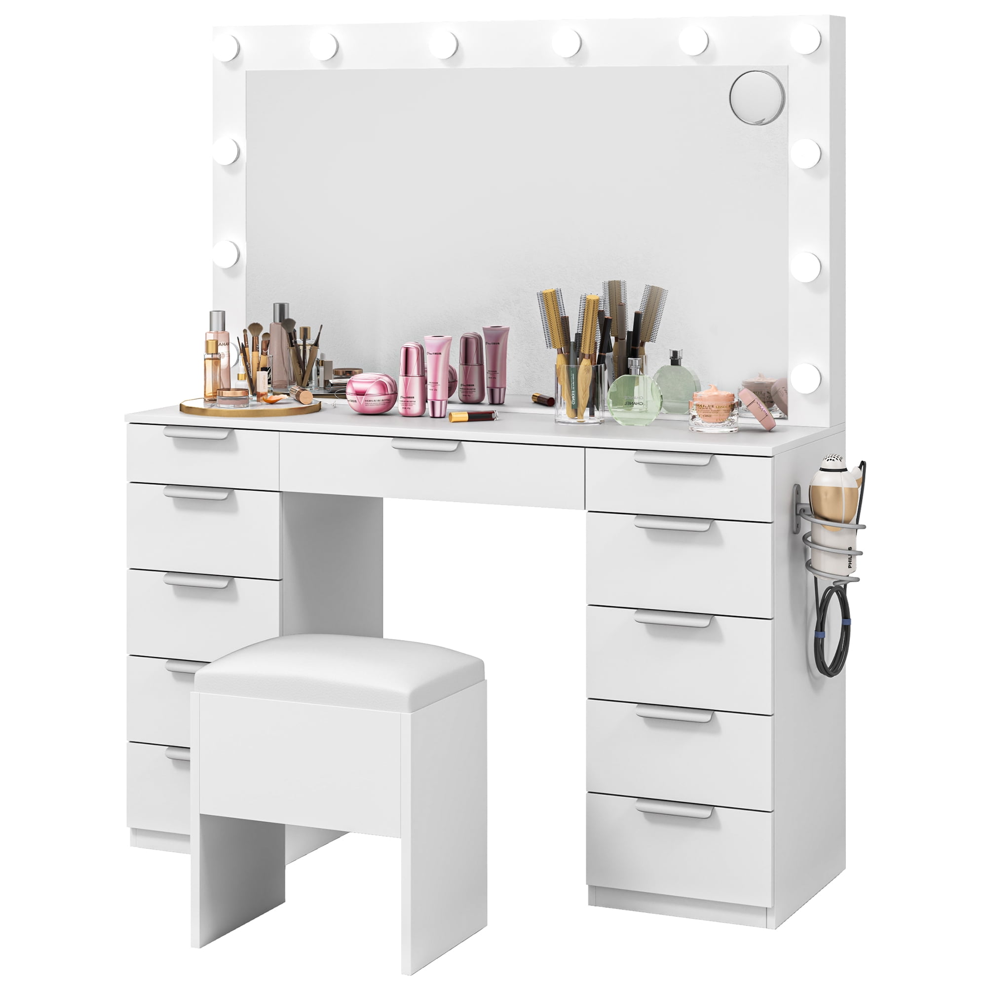 Uforic Adults Vanity Desk Set – Mirror, 3-Mode Lights, Charging Station, 11 Drawers & Bench in White