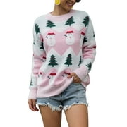 Seyurigaoka Women Juniors Christmas Tree Snowman Pattern Long Sleeve Round Neck Knit Sweater