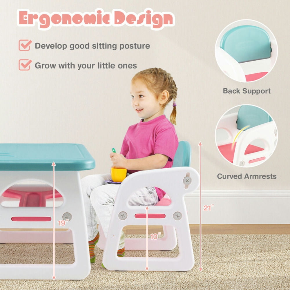 Resenkos Kids Table and Chair Set with Building Blocks-Pink & Blue, Small Folding Table for Arts & Crafts, Snack Time, Homeschooling, Homework