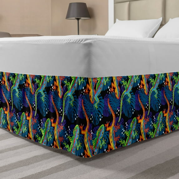 Gecko Bed Skirt, Exotic Colorful Lizards on Monstera Leaves Background Tropical Flora Fauna Pattern, Elastic Bedskirt Dust Ruffle Wrap Around for Bedding Decor, 4 Sizes, Multicolor, by Ambesonne
