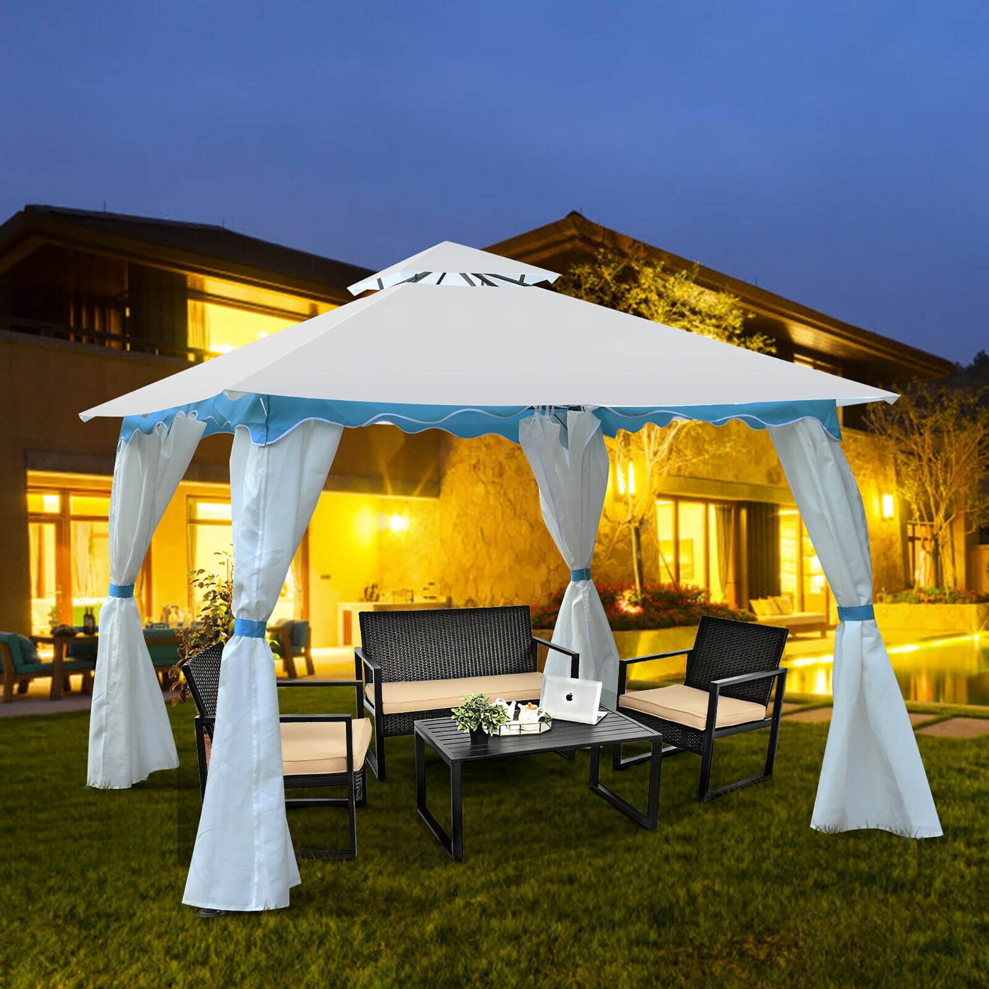 Costway 2 Tier 10'x10' Patio Gazebo Canopy Tent Steel Frame Shelter Awning W/Side Walls