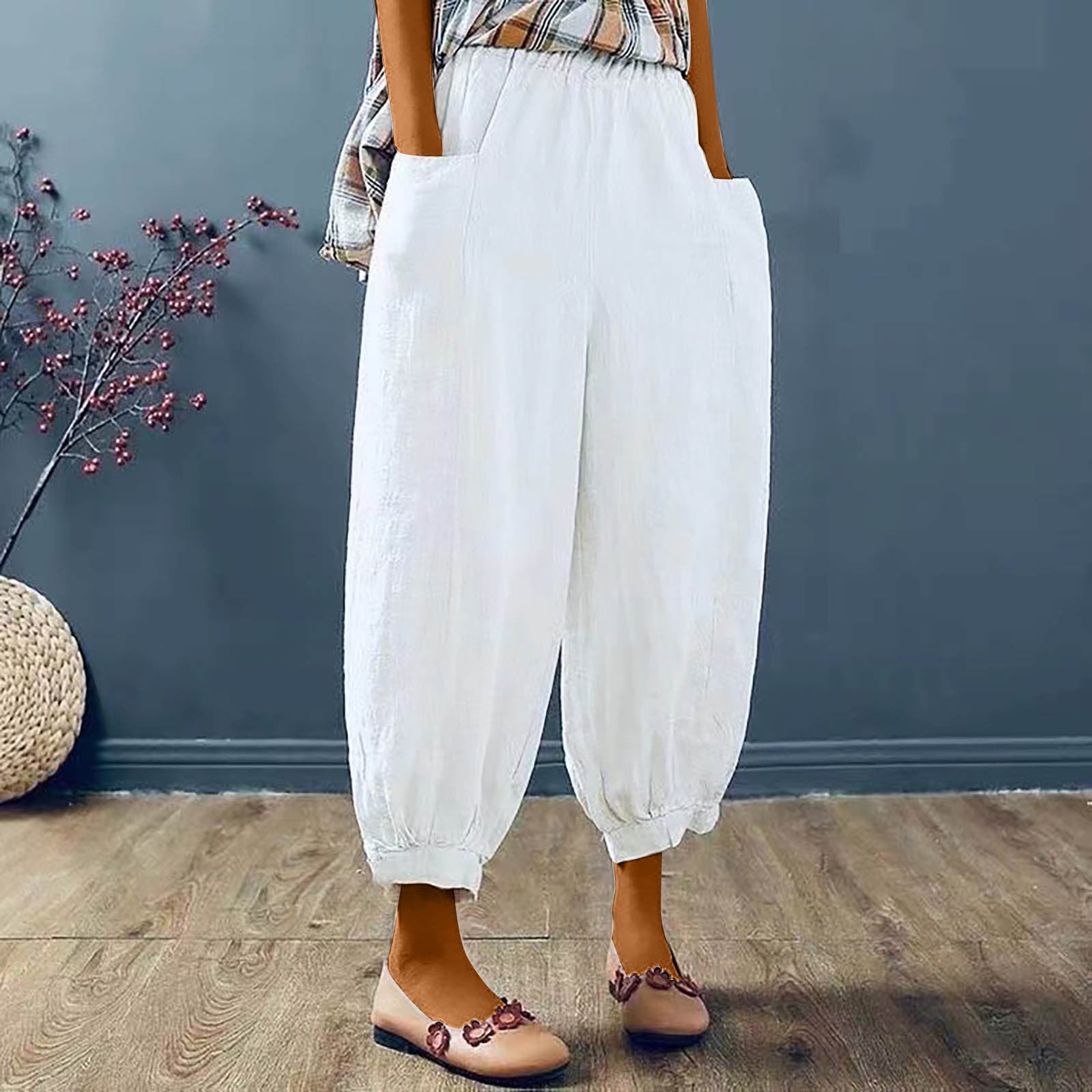 Cotton Linen Pants Women's Summer Cotton Pants Loose Pocket Elastic Waist  Wide Leg Pants Retro Literary Solid, White, Medium : : Clothing,  Shoes & Accessories