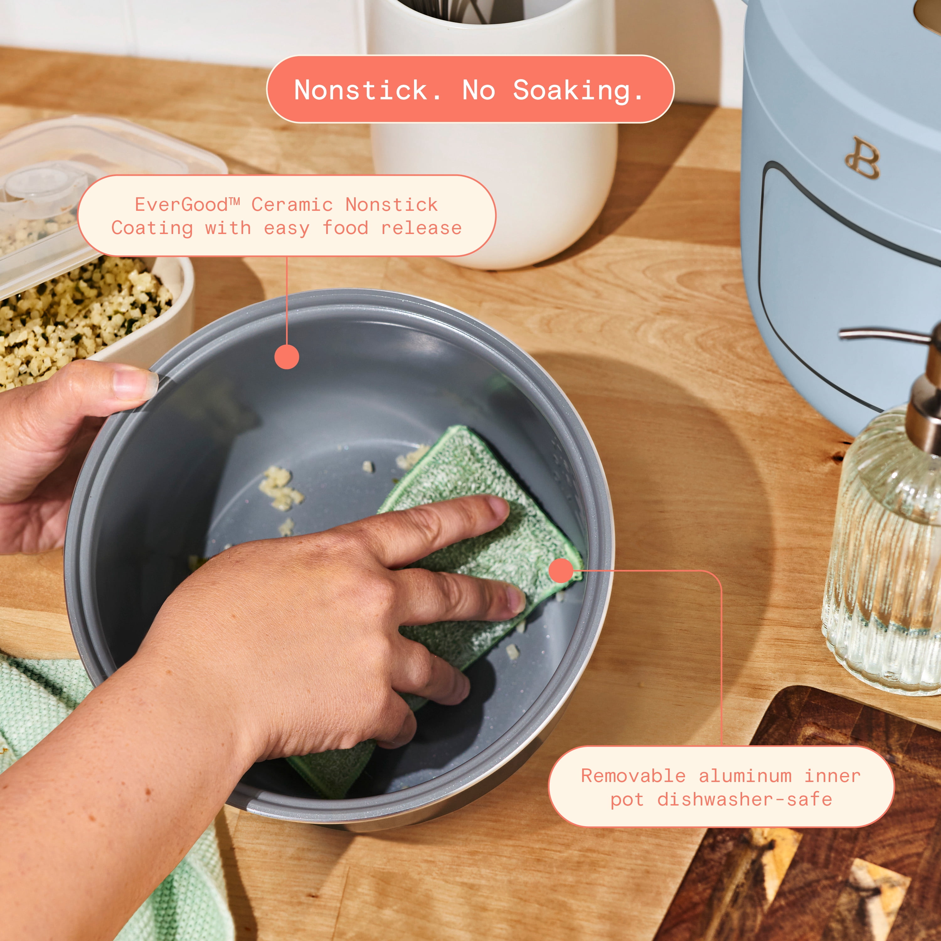Beautiful 14-Cup Cooked, 6-Cups Uncooked Electric Rice and Grain Cooker, EverGood™ Ceramic Nonstick Coating, Cornflower Blue by Drew Barrymore