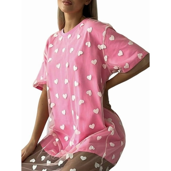 Women Casual Round Neck Loose T-Shirt Spliced Mesh Love Print Long Maxi Vacation Dress Pink One size