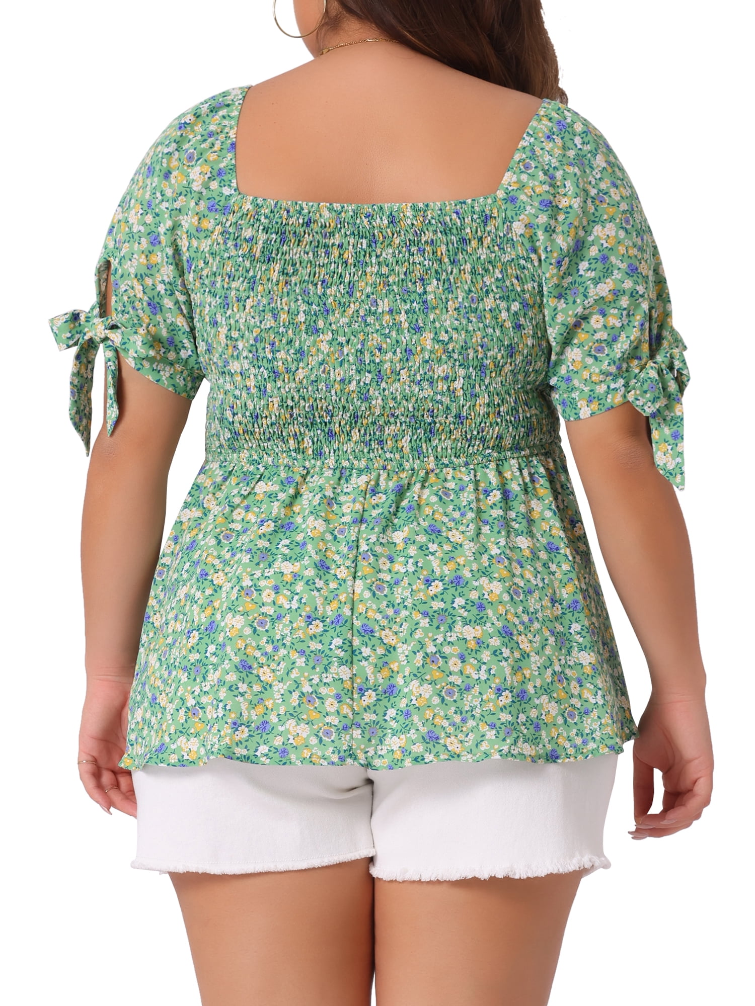 DARING DIVA Women's Plus Size Smocked Bow Tie Short Sleeve Peplum Blouse 2X Green