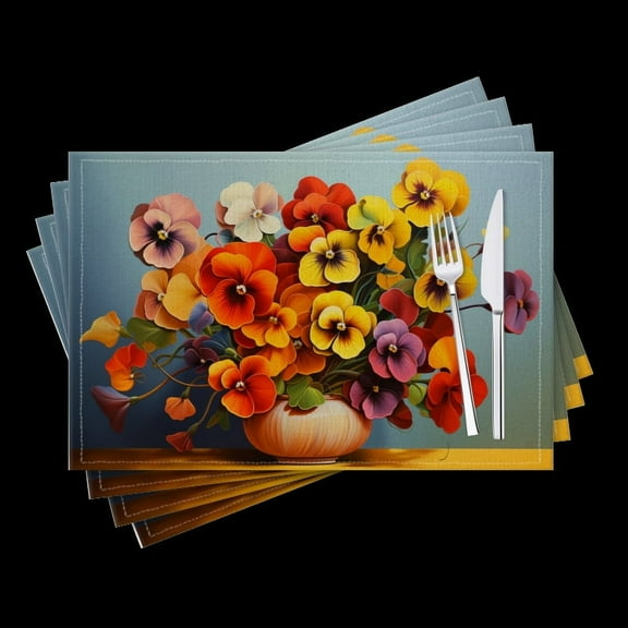 BaHomeck placemats Set of 4 Bouquet Of Vibrant Pansies In Elegant Vase Cotton Linen rectangle Placemats for Kitchen Dining Table Indoor,Outdoor,18*12inch