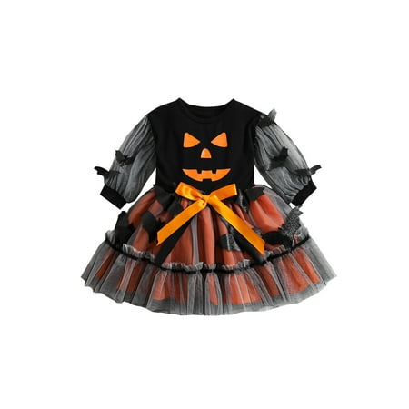 

ZIYIXIN Toddler Baby Girl Halloween Outfit Pumpkin Bat Dress Long Sleeve Tulle Tutu Skirt Fall Clothes Black 2-3 Years
