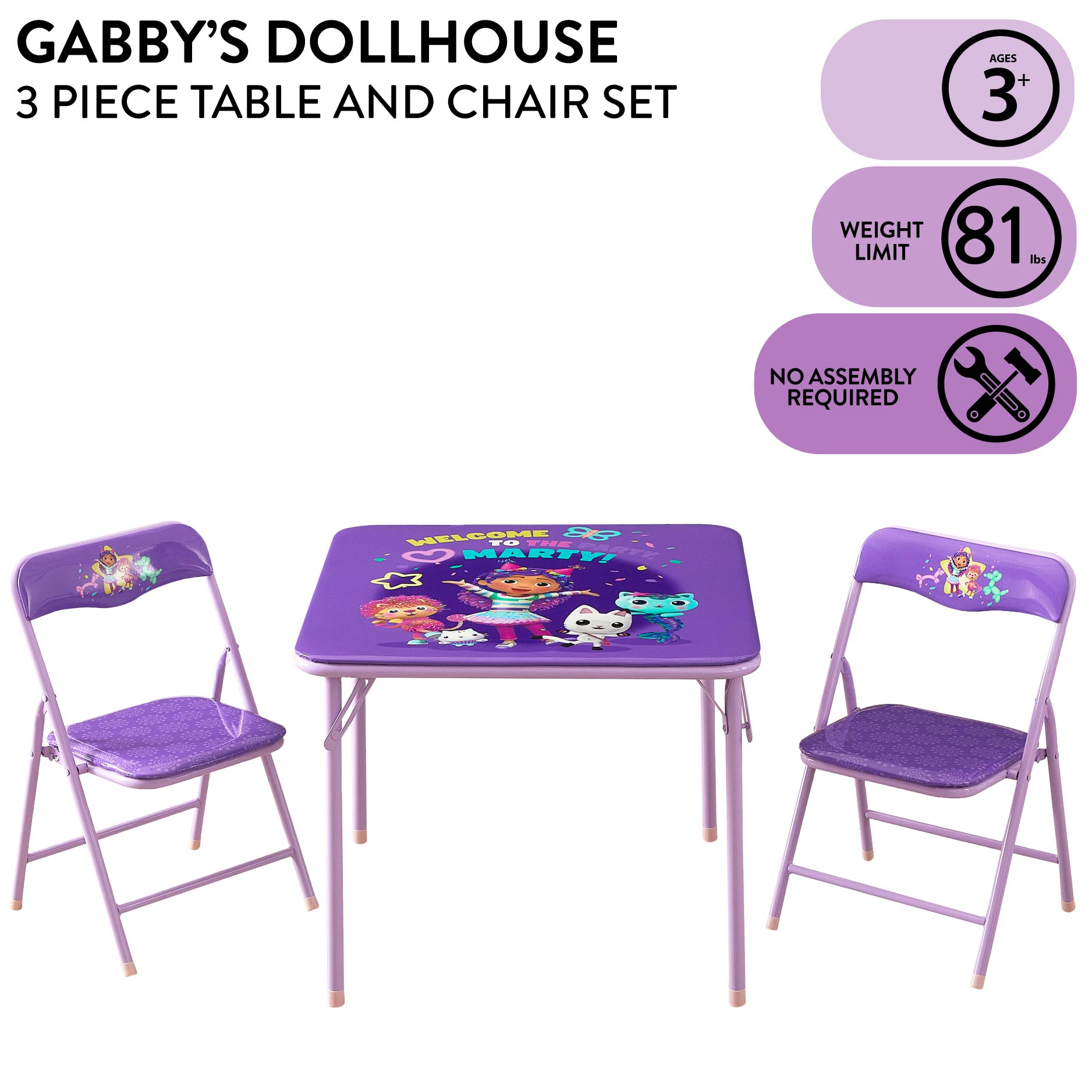Gabby's Dollhouse 3-Piece Kids Table and Chairs Set, Purple photo 5