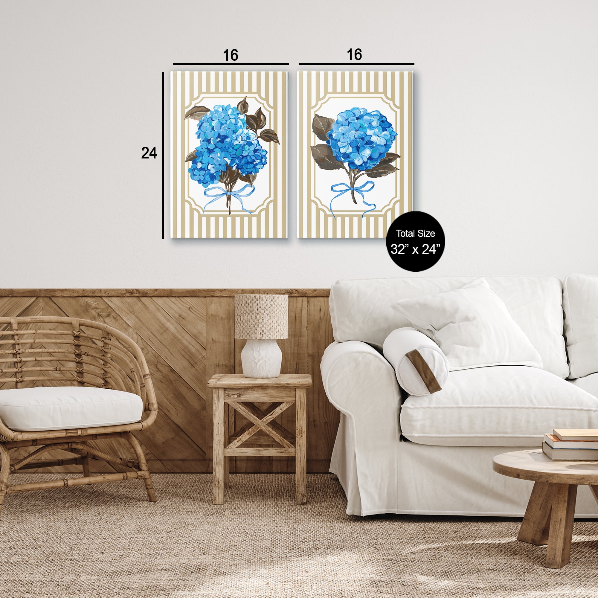 Hydrangea Bouquets with Bows 2 Piece Canvas Wall Art Set, design by Adonna Ebrahimi
