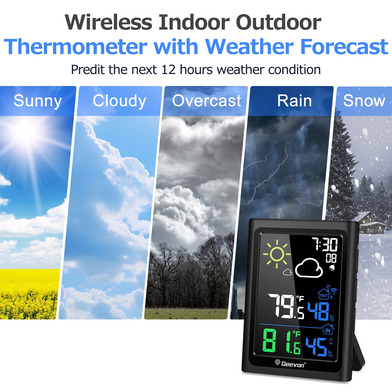 Geevon Indoor Outdoor Thermometer Digital Wireless with Color Display, Digital Hygrometer Temperature Humidity Monitor with Alarm Clock and Backlight
