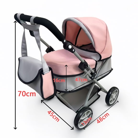 Reborn Baby Dolls Stroller & Pram - Adjustable Hood Pushchair - Lightweight Foldable Bassinet Stroller for Dolls up to 55cm (22") - Includes Storage Basket & Shoulder Bag